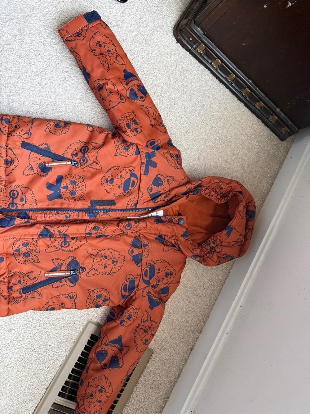 Cat & Jack Orange Hooded Puffer Jacket with Navy Animal Print